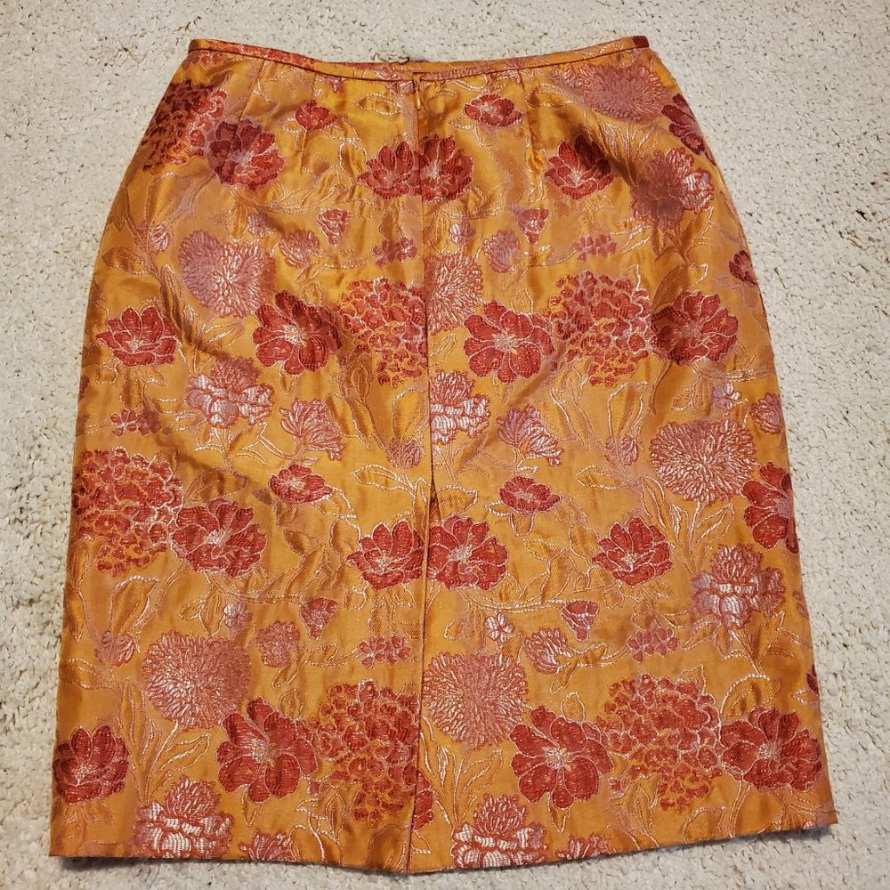 Kasper 2 Piece Tangerine Pink & Silver Floral Brocade Skirt Set Size 6P - Picture 7 of 10